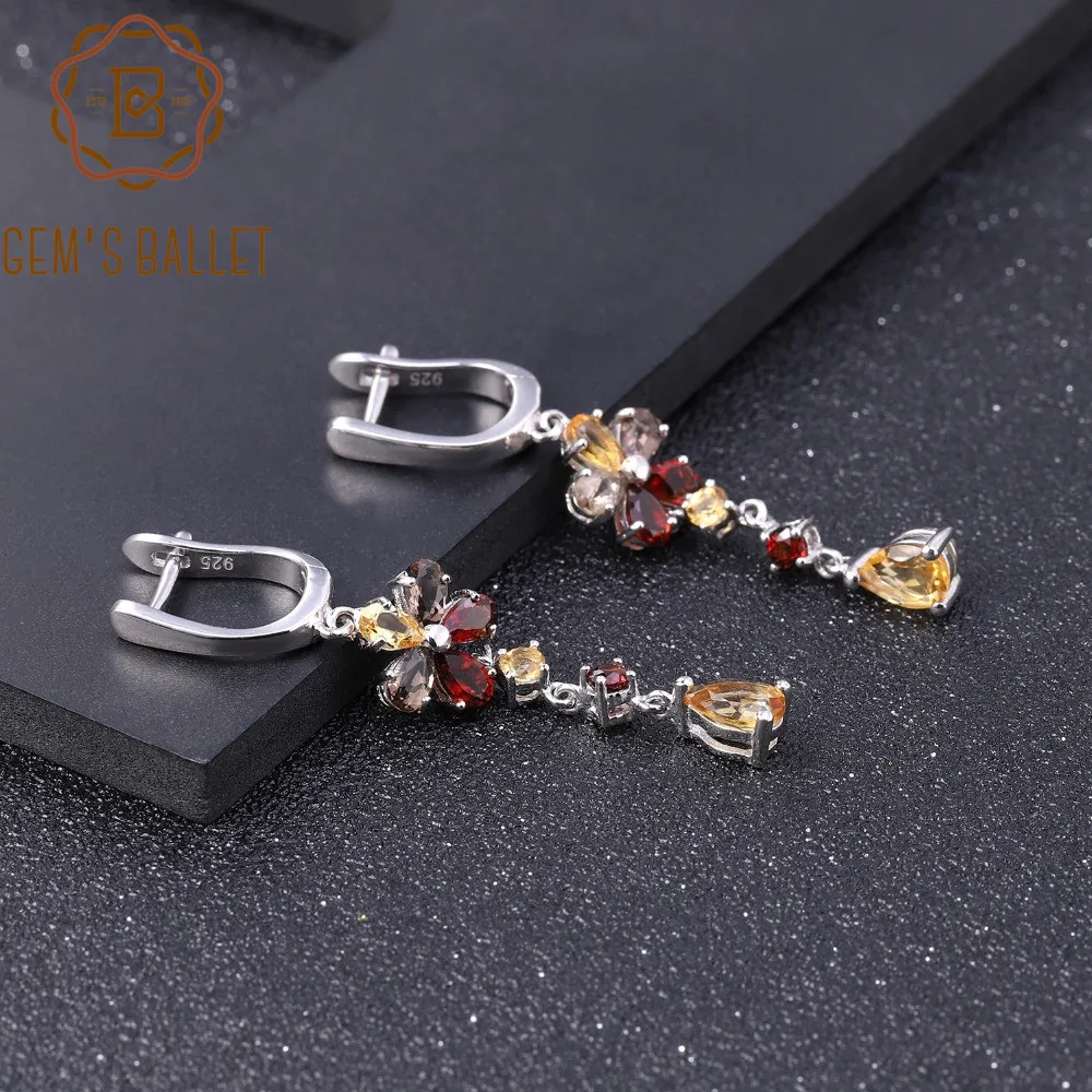 

GEM'S BALLET 925 Sterling Silver Flower Long Earrings for Women Natural Garnet Citrine Gemstone Drop Earrings Real Fine Jewelry