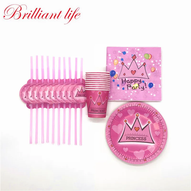 

80pcs/lot Pink Crown Theme Child Favors Birthday Party Paper Cup Plate Straw Napkin Event Party Wedding Plastic Straw Supply
