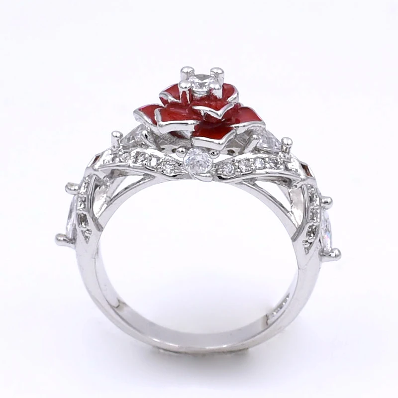 Floral Two Tone Promise Rose Women Ring with White and Red Zircon Fashion Charming Flower Wedding Rings Jewelry bague femme