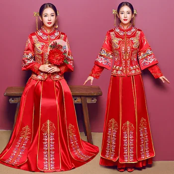 

Traditional Embroidery Female Wedding Cheongsam Suit Red Chinese Bride Dress Gown National Long Sleeve Qipao Toast Clothing