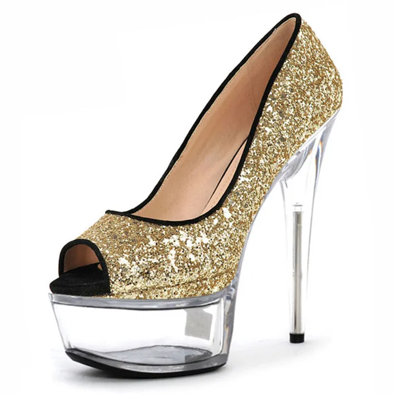 Flash powder fish mouth crystal and single shoe color package with 15cm high heels and club dancing shoes