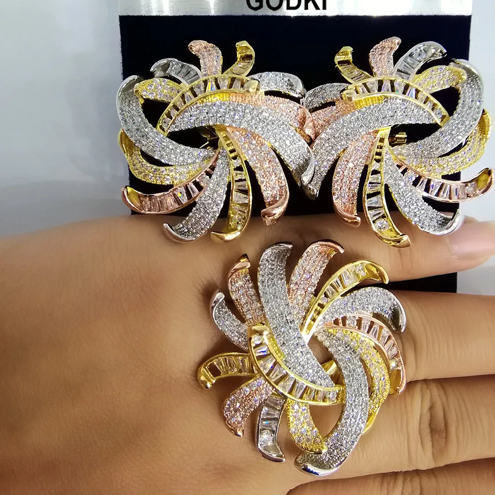 

GODKI Luxury Wheel Flower AAA Cubic Zirconia Brand New Engagement Earring Ring Jewelry Sets For Women Dubai 3 Tone Jewelry Sets