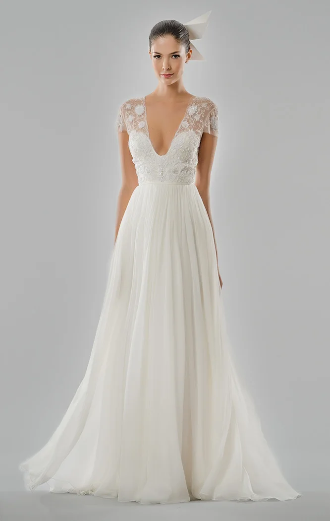 2015 Cap Sleeve Chiffon Custom Wedding Dress Elegant V neck Summer Spanish Marriage Bridal Gown | Свадьбы и торжества