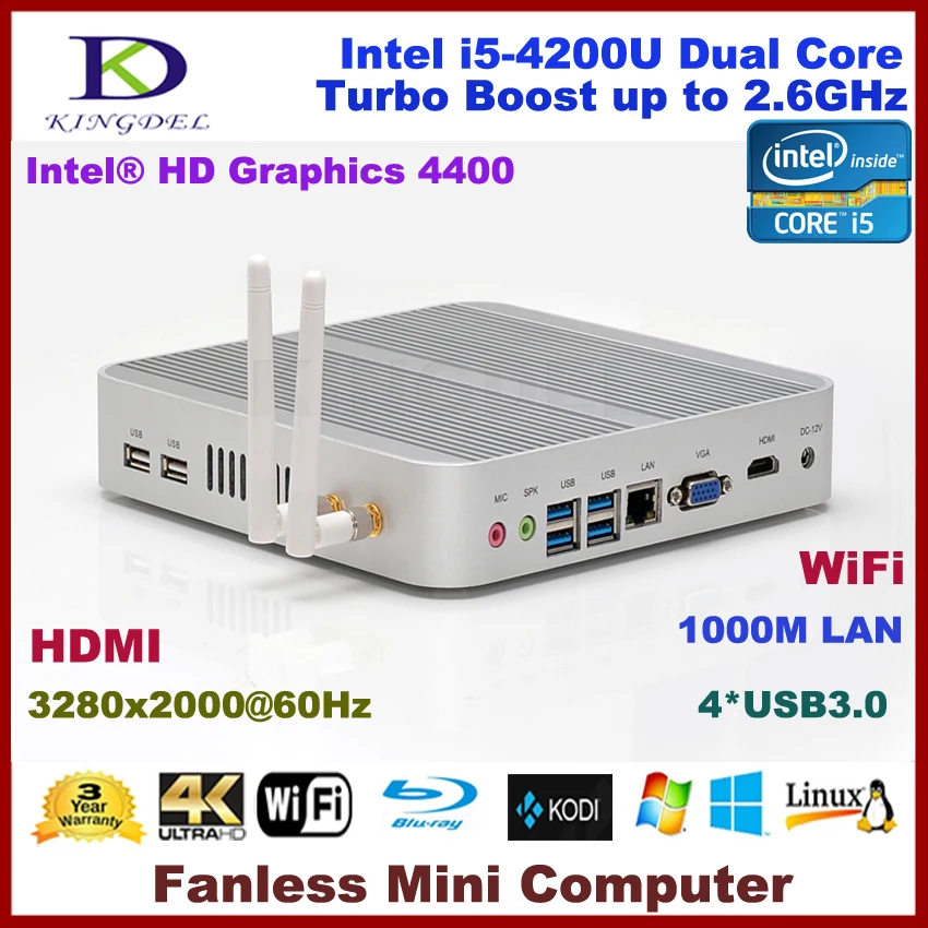 Kingdel Windows 10 Pro Mini Computer,Fanless Nettop with intel 4200U CPU,8GB RAM/16GB RAM,HDMI,VGA,4*USB3.0,300M Wifi,Metal Case