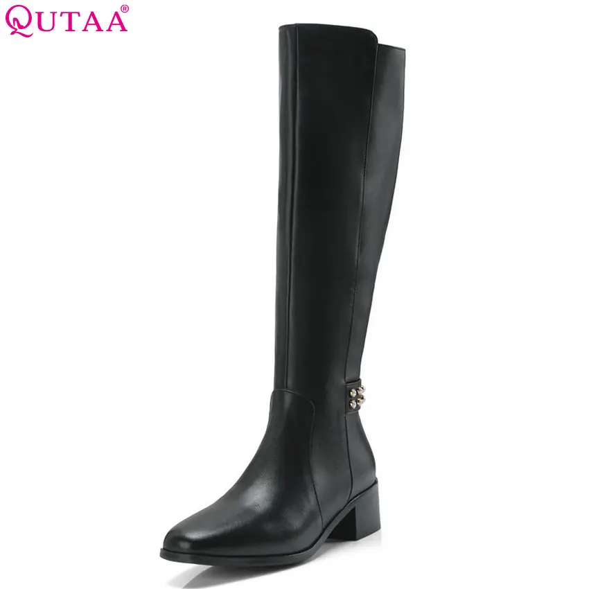 

QUTAA 2019 Women Knee High Boots Fashion Winter Shoes Zipper Pointed Toe All Match Cow Leather +pu Women Boots Big Size 34-39