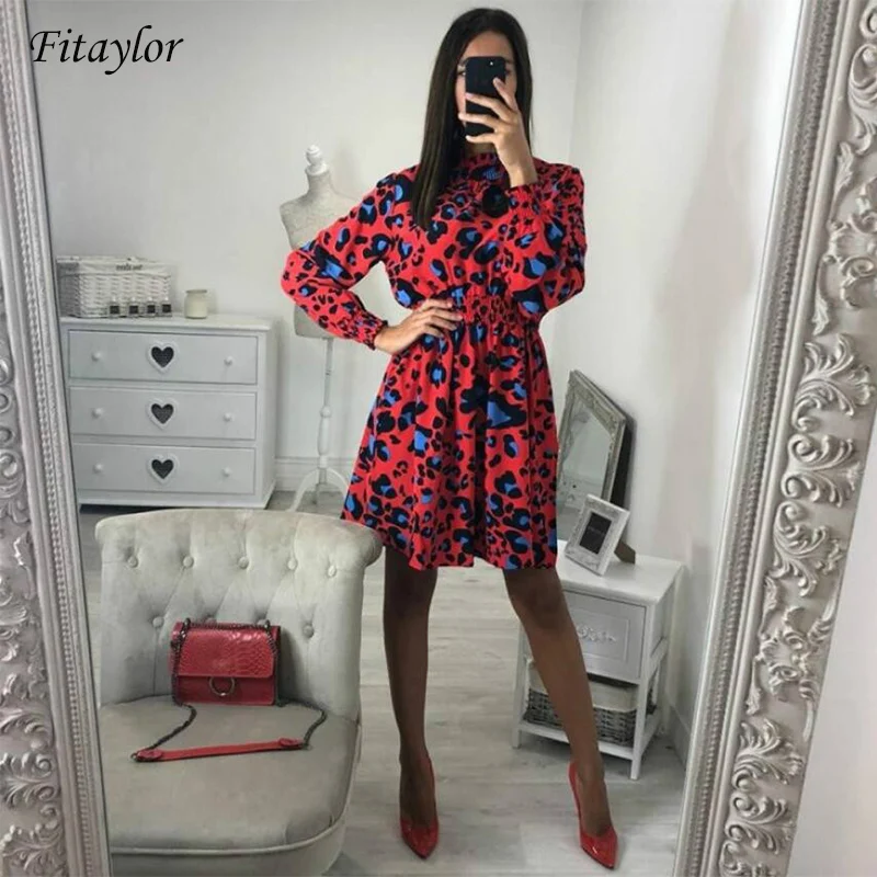 Женское платье с леопардовым принтом Fitaylor розовое длинным рукавом и воротником