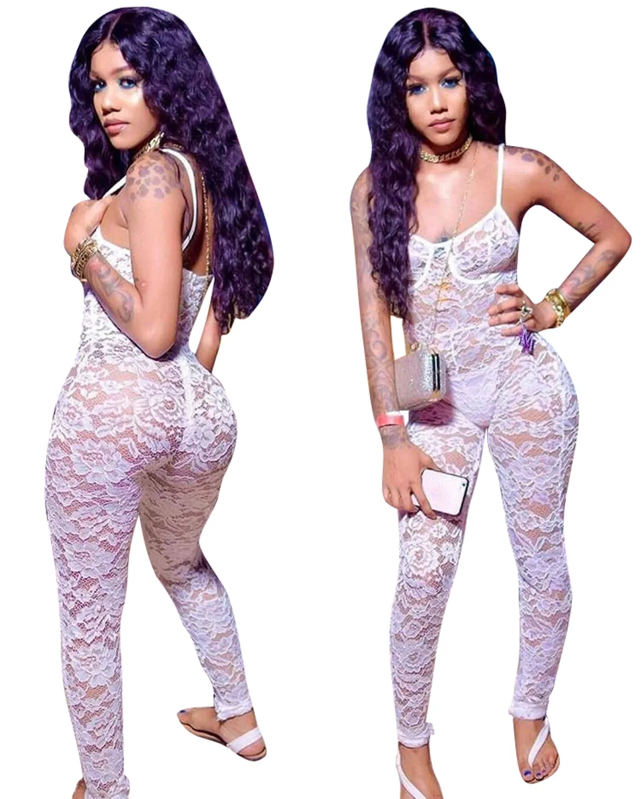 Sexy Straps See Through Lace Jumpsuit Casual Loosed Streched Playsuit Sexy Nigh Club Rompers Clubwear Without head belts CM267