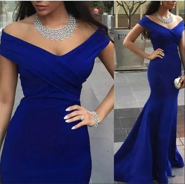 

Royal Blue Prom Gown Mermaid Sleeves Backless Formal Party dresses Dinner Evening Dress 2017 Off Shoulder Celebrity Arabic Dubai