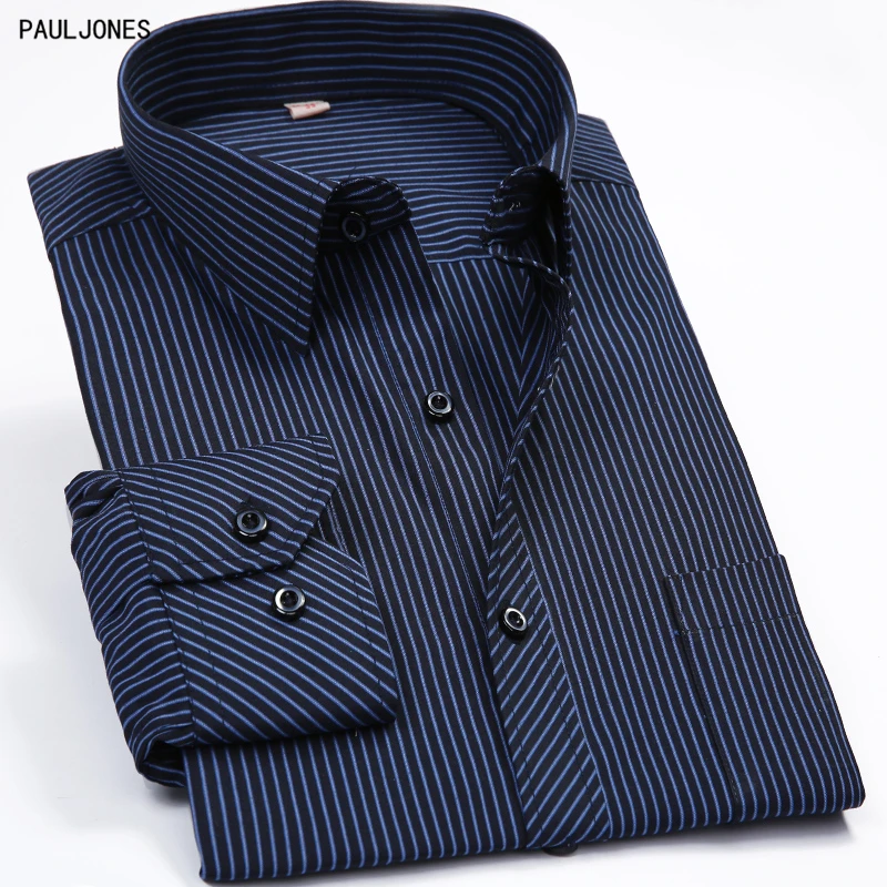 

PAULJONES Plus Size 8XL AsiaN Long Sleeve Men Striped Shirts Big Size 7XL Regualar fit Solid Casual Dress Shirt 6XL Big Size 5XL