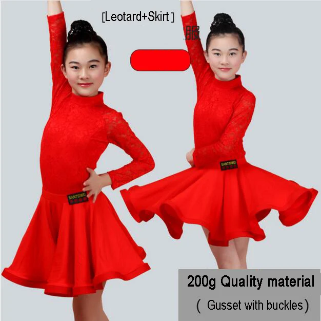 Red Long Sleeve Новинка; юбка для латинских танцев для девочек; юбки для бальных танцев, сальсы, танго; детское кружевное платье с разрезом для латинских танцев; трико и юбка - Цвет: Red Long Sleeve
