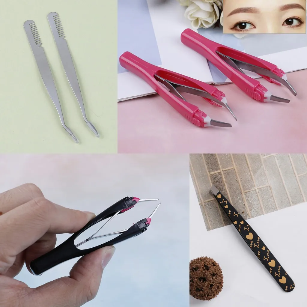 

4 Styles Eyebrow Tweezers Automatically Retractable Slant Tip Face Hair Removal Eyebrow Trimmer Eyelash Clip Makeup Tool