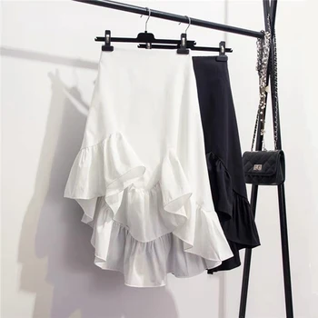

Shintimes 2020 Summer Autumn Vintage Irregular Ruffles High Waist Skirts Womens White Black Korean Style Asymmetrical Skirt