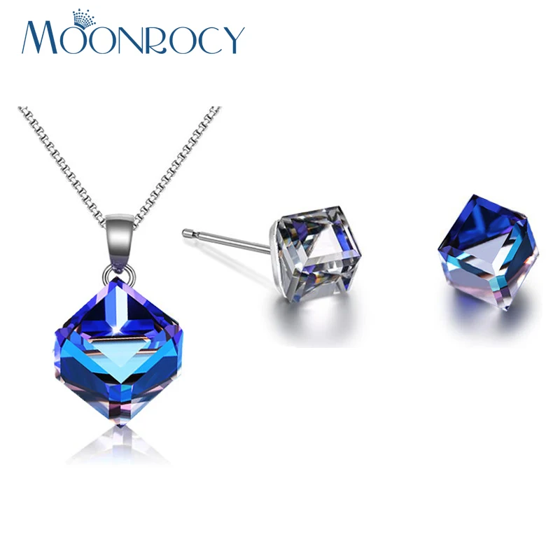 

MOONROCY Fashion Silver Color Be Blue Square Crystal Necklace and Earrings Jewelry Set Wholesale for Women Gift Drop Shipping