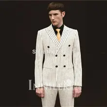 Шерсть Slim Fit двубортный в полоску Для мужчин костюм Индивидуальный заказ елочка костюм, с учетом жениха Смокинги для женихов Свадебная вечеринка куртка Штаны