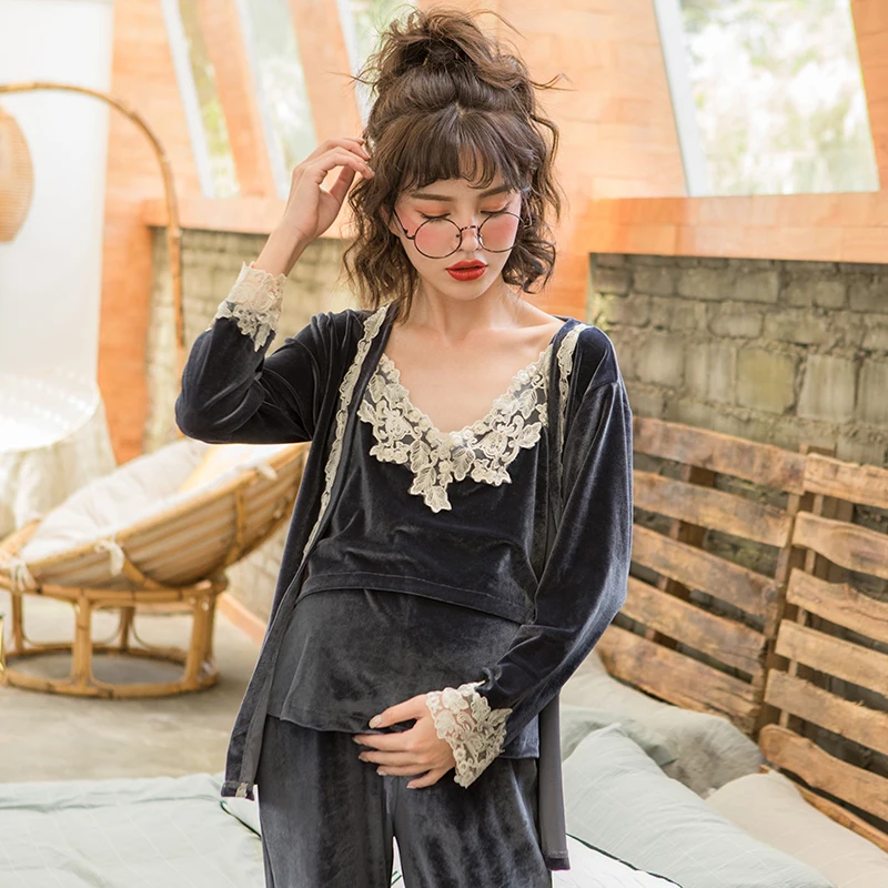 3 Pcs/Set Maternity Pajamas Pregnancy Clothes Nursing Sleepwear Fashion Gold Velvet Breastfeeding Pajamas Maternity Clothes A207