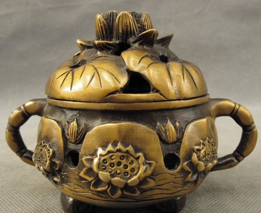 

folk Chinese Bronze Auspicious Lotus Leaf Statue Flower Incense Burner Censer