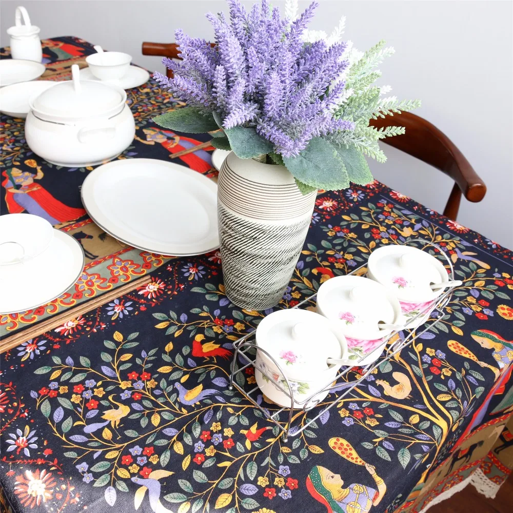 Tablecloth Ethnic Cotton Linen Table Cover Rectangular Multi Functional