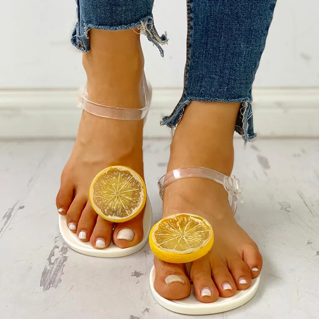 Women's sandals Fashion chaussures femme Transparent Strap sandals women Lemon Pattern Flat Sandals Beach Shoes Slides terlik