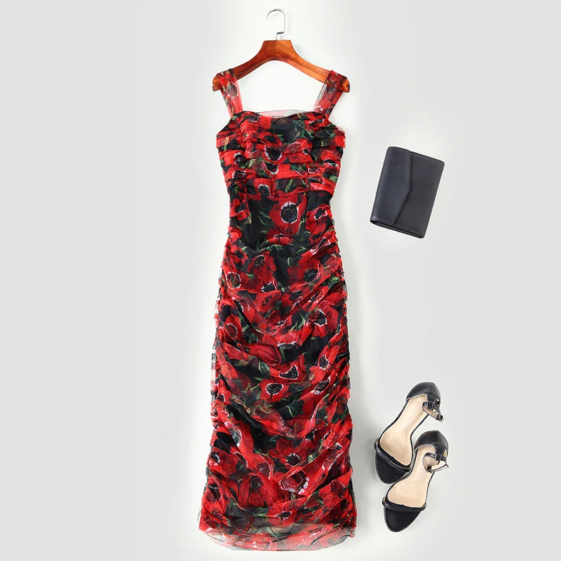

HIGH QUALITY New Fashion 2019 Runway Dress Women's Spaghetti Strap Fold Floral Slim Gauze Dress