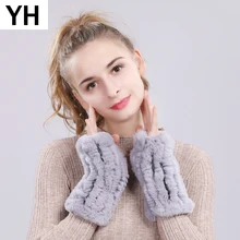 Хорошие эластичные Для женщин реальные из натурального меха благородного кролика, перчатки, варежки без пальцев модный вязаный теплый натуральный мех кролика Рекс-лучшее качество и низкие цены