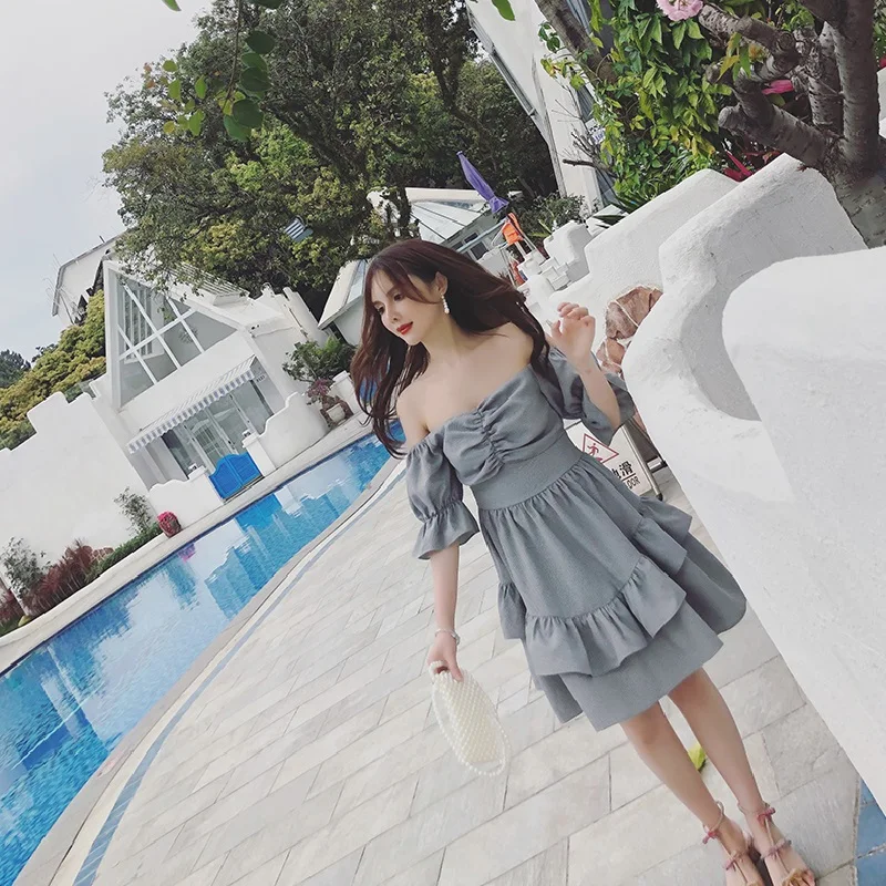 Fashion Women Plaid New Dress Slash Neck Off Shoulder Blackless Sexy Ruffles Draped Mini Clothes 2019 Summer | Женская одежда