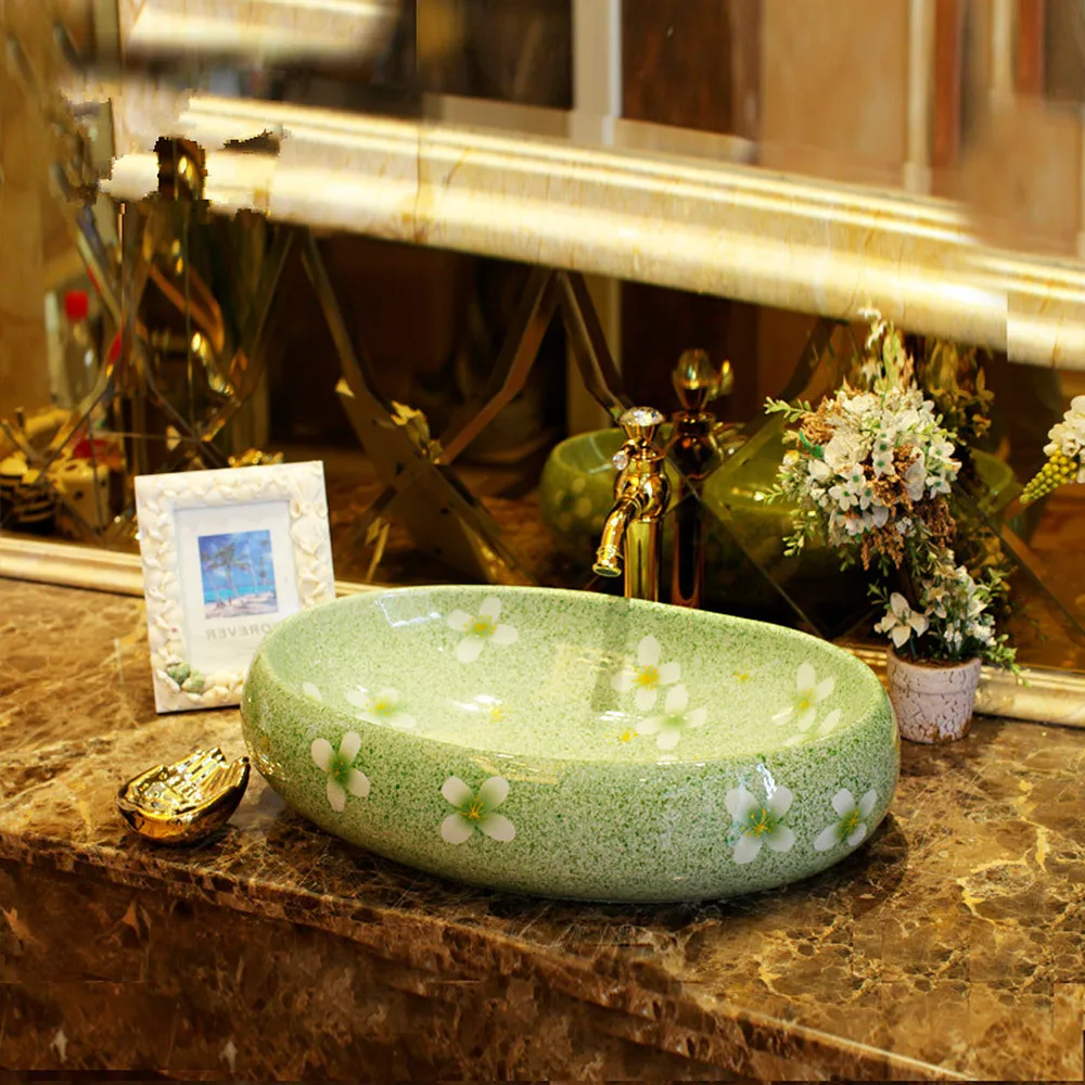الأخضر المزجج زهرة الخزف الحمام الغرور الحمام بالوعة عاء كونترتوب البيضاوي الحمام بالوعة غسل حوض LO613519