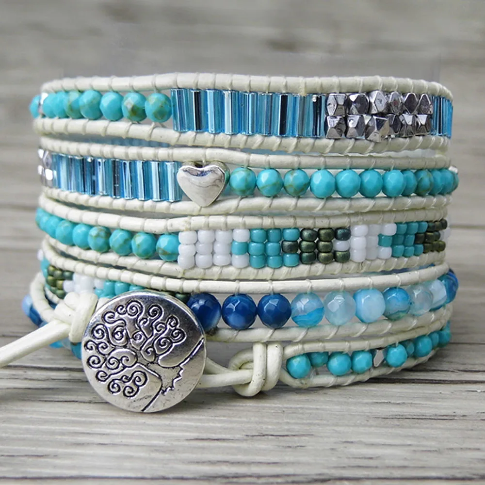 Blue Natural Stone 5 Wraps Bracelet Leather Wrap Bracelet Beaded