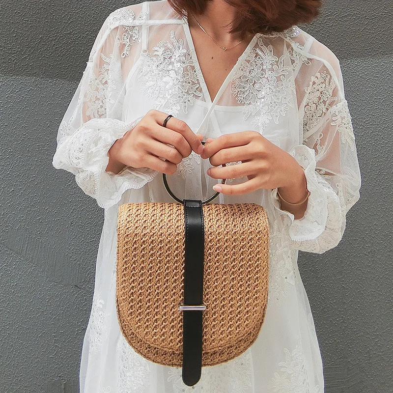 

New straw bag female shoulder cross body woven leather female bag Ins super popular all match ring tote
