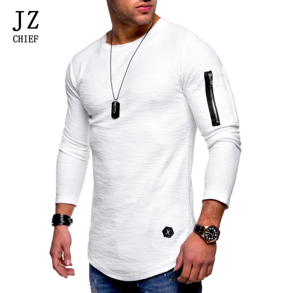 JZ CHIEF Zip Patchwork Solid T shirt Men Long Sleeve Spring Autumn Streetwear Cotton Tshirt Male 
