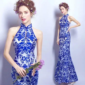 lace wedding cheongsam modern designer traditional dresses blue and white porcelain dress chinese oriental with women qipao