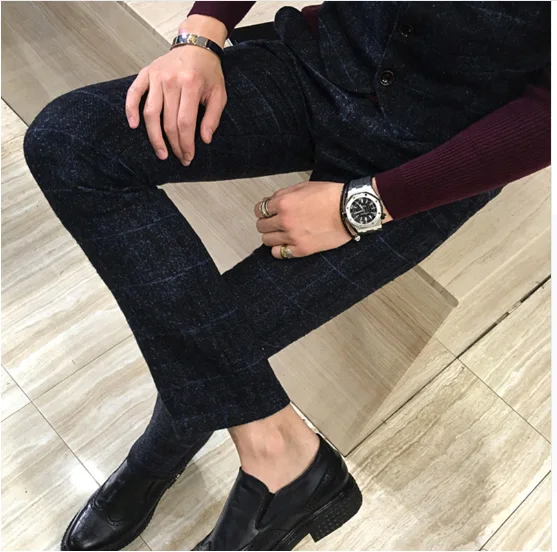 3 Pieces Suits Men British Designs Royal Blue Mens Suit Autumn Winter Thick Slim Fit Plaid Wedding Dress Tuxedos