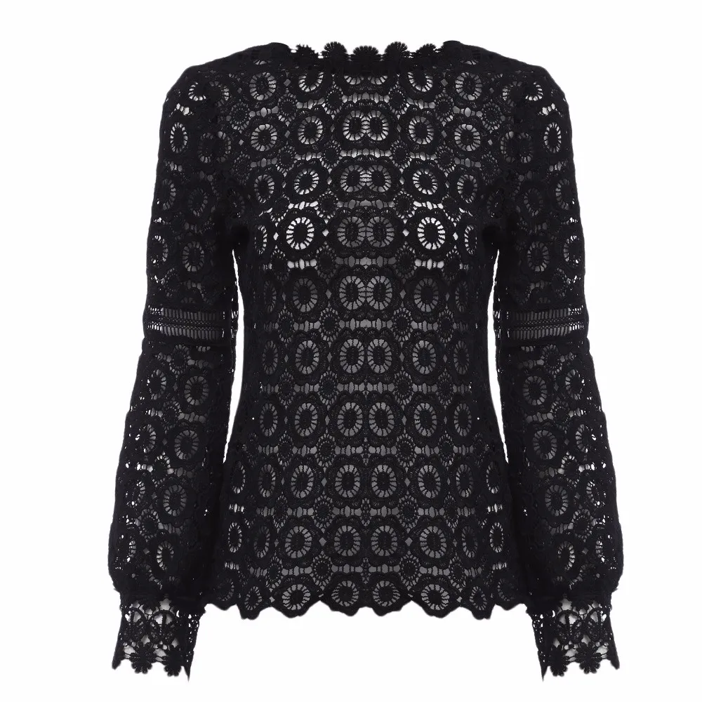Vintage Black White Floral Lace Hollow Out Crochet Long Sleeve Blouse Shirt Vintage Black White Floral Lace Hollow Out Crochet Long Sleeve Blouse Shirt