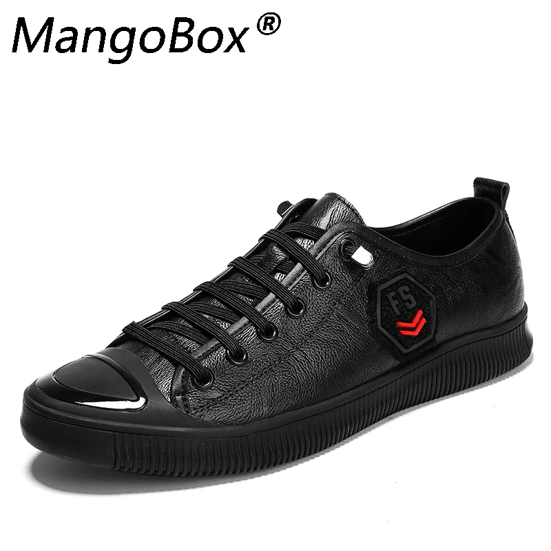 

MangoBox Men's Split Leather Flat Walking Shoes Loafers Comfortable Male Leather Fashion Shoes Lace Up Black Casual Men Footwear
