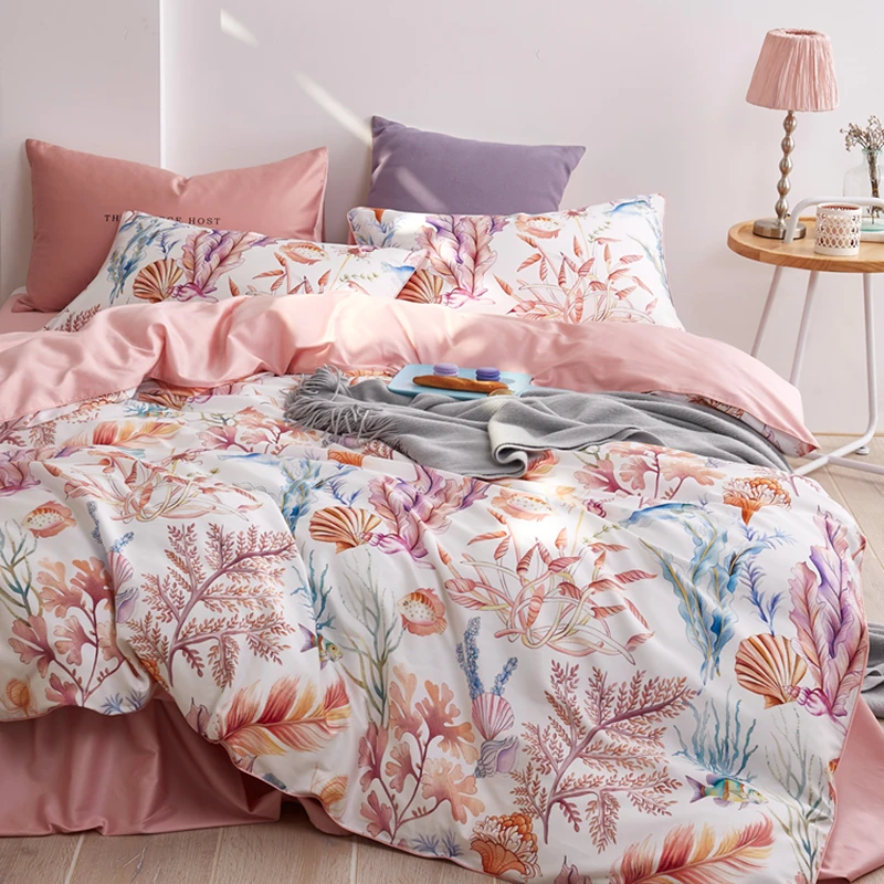 

60S Egyptian cotton ocean series bedding sets 4pcs satin bed linen percale duvet cover set luxury bed sheets pillowcases #s
