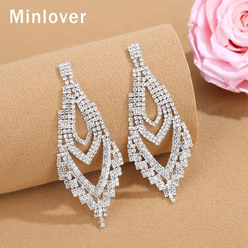 

Minlover Silver Color Geometric Sparkling Full Rhinestone Drop Earrings for Women Crystal Wedding Bridal Dangle Earrings MEH1600