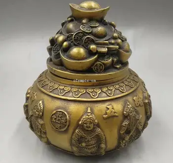 

5'' copper carved five buddha god of wealth cornucopia treasure censer statue