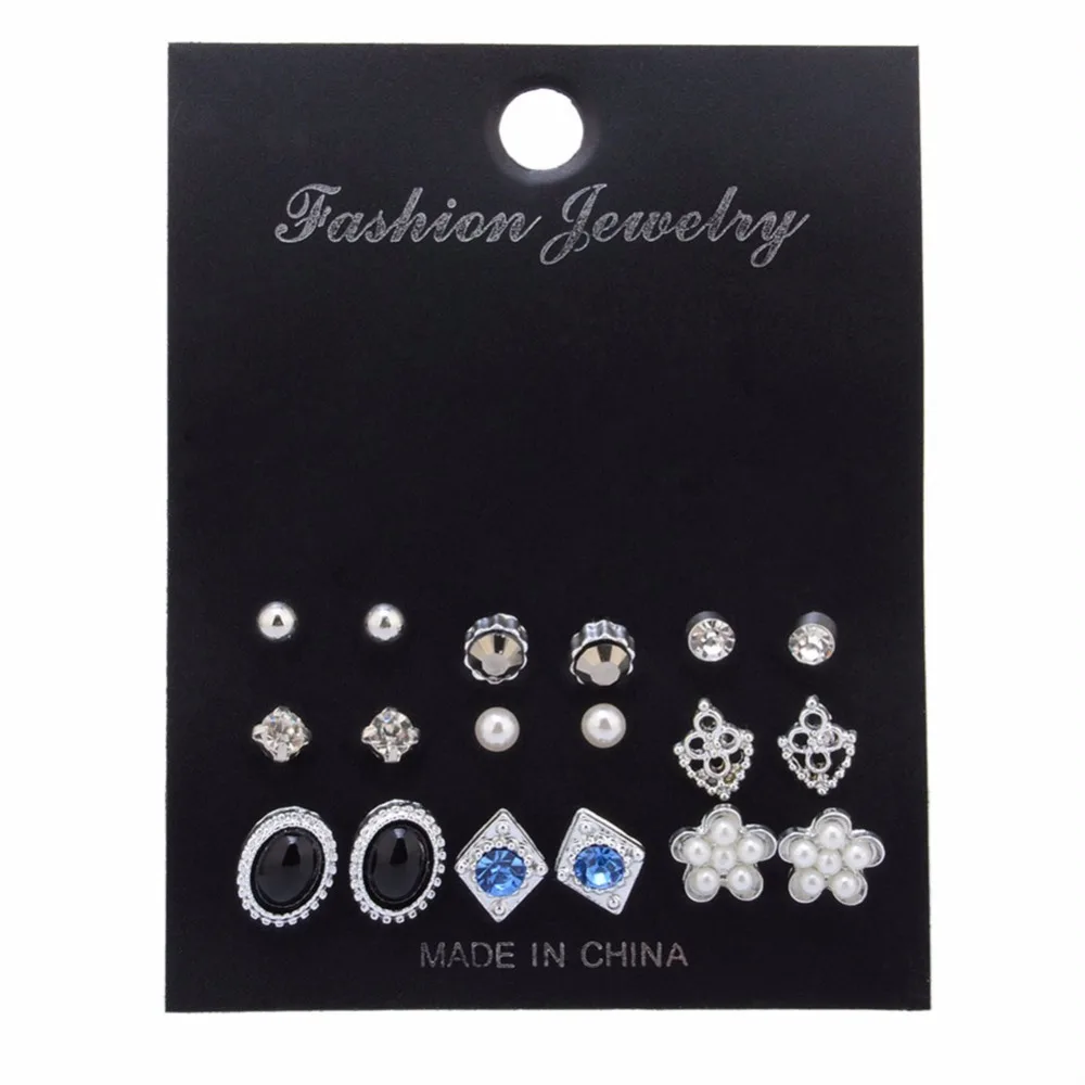 9 Pairs/Set Flowers Pearl Ear Stud Earrings Set Women Crystal