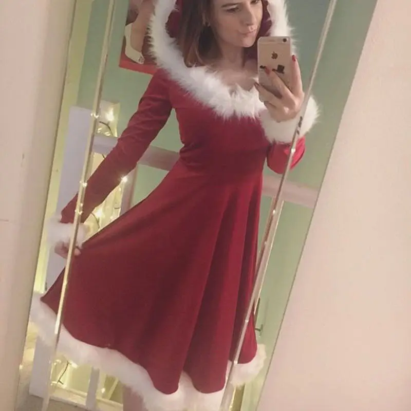 

New Year Christmas Dress Women Adult Xmas Santa Costume Sexy Costume Long Sleeve Plush Warm Hooded Fancy Pleated Dresses