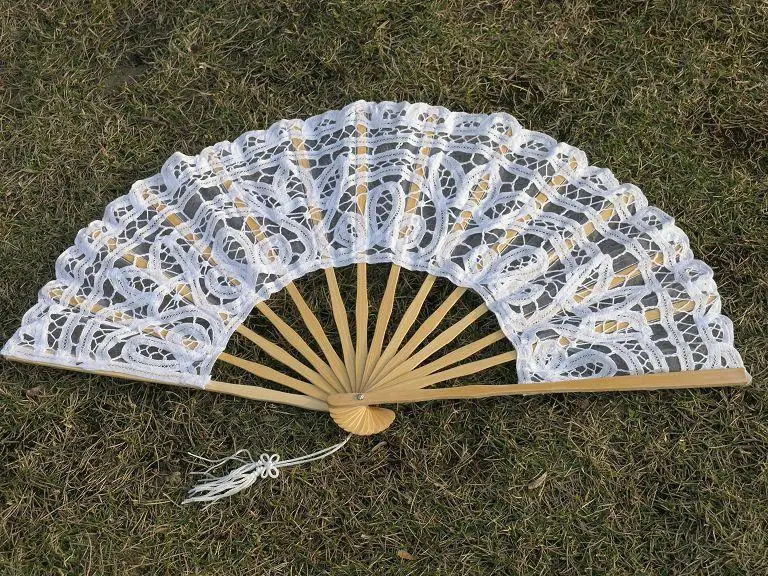 

Battenburg White Lace Bridal Dancing Hand Fan With Bamboo Stem Wedding Party