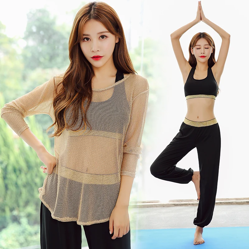 

New Yoga Set Women 3 Piece Loose Comfortable Sport Suit Absorbent Elasticity Sport Bra Golden Bordure Gym Clothing Running Pants