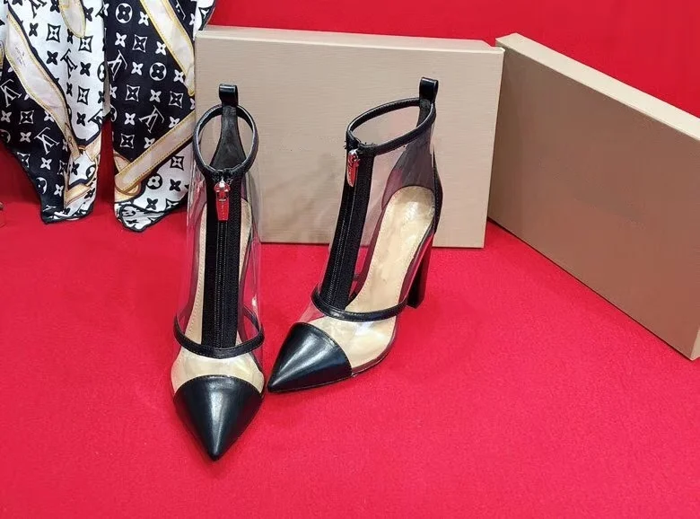 

Elegant Concise Square Heel Booties Pointed Toe Zip Clear PVC Chunky Heel Mixed Color Zip Front Comfort Walking Big Size Shoes
