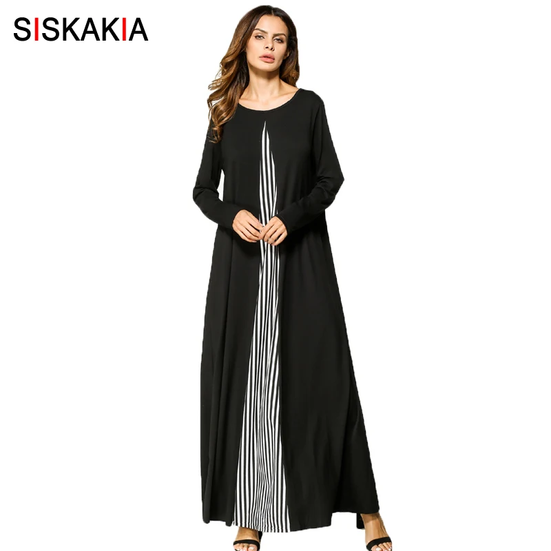 Goede Siskakia vrouwen Casual maxi lange jurk streep patchwork slim fit EEN lijn Jurken Enkellange kamerjassen Lente Herfst 2018