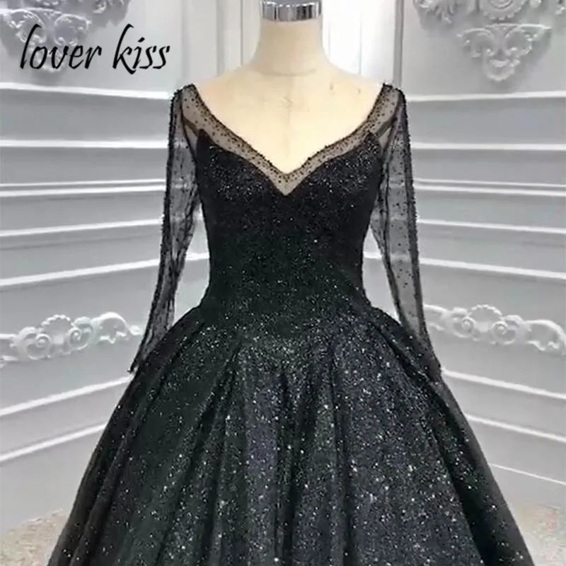 Lover Kiss vestido de novia Потрясающие Готические свадебные платья черные с длинными рукавами Блестящий лиф v-образный вырез, свадебные платья с корсетом на спине
