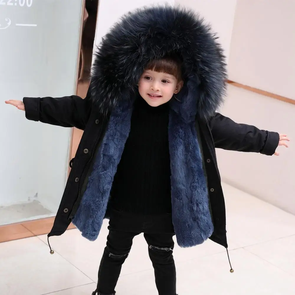 Новое зимнее пальто с мехом для девочек, детское длинное пальто с воротником из меха енота и кроличьего меха