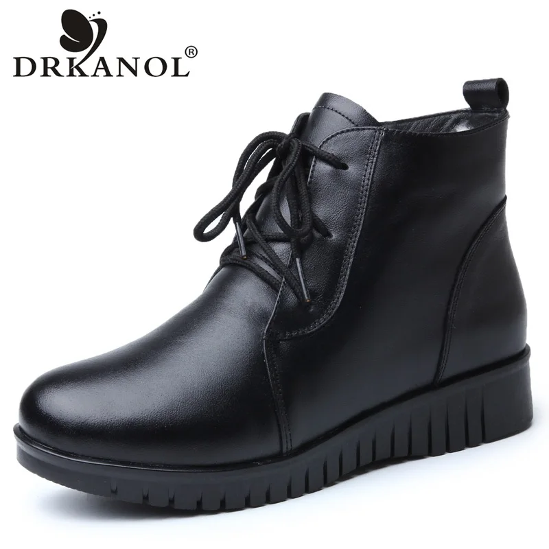 

DRKANOL Women Winter Boots Shoes Woman Genuine Leather Natural Wool Shearling Warm Snow Boots Solid Black Low Wedge Ankle Boots