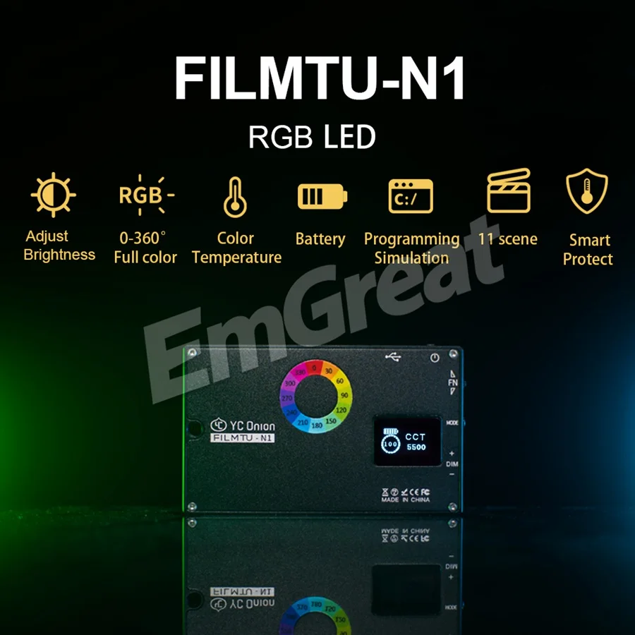 YC лук FILMTU-N1 RGB Полноцветный Светодиодный светильник для видео 2400-10000K регулируемый 0- бесступенчатый затемняющий светодиодный дисплей 11 предварительно запрограммированный