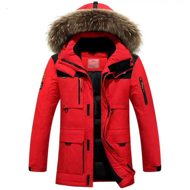 red down coat with fur hood