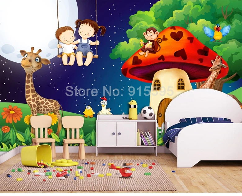 Зеленый лес мультфильм гриб комната Луна Жираф большие фрески обои для детской комнаты детская спальня настенный Декор Фреска животное 3D