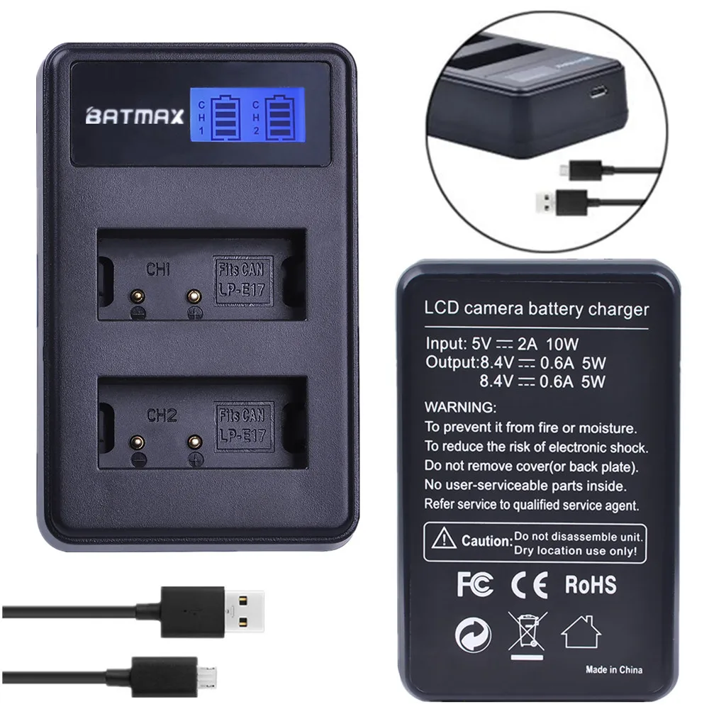 Bateria + Lcd Duplo + Caixa de Armazenamento para Canon Batmax E17 Carregador Usb Eos T6i 750d T6s Fr-800d m3 m5 m6 8000d Kissx8i 2 Pçs Lp-e17 lp - Image 3