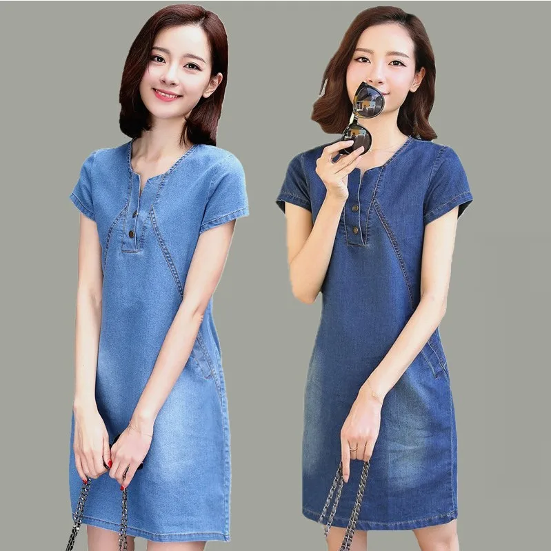Hot Sale 2019 Summer Denim Dress Women Casual O-neck Short Sleeve Pockets Jeans Dresses Loose Dress Vestidos Plus Size 3XL